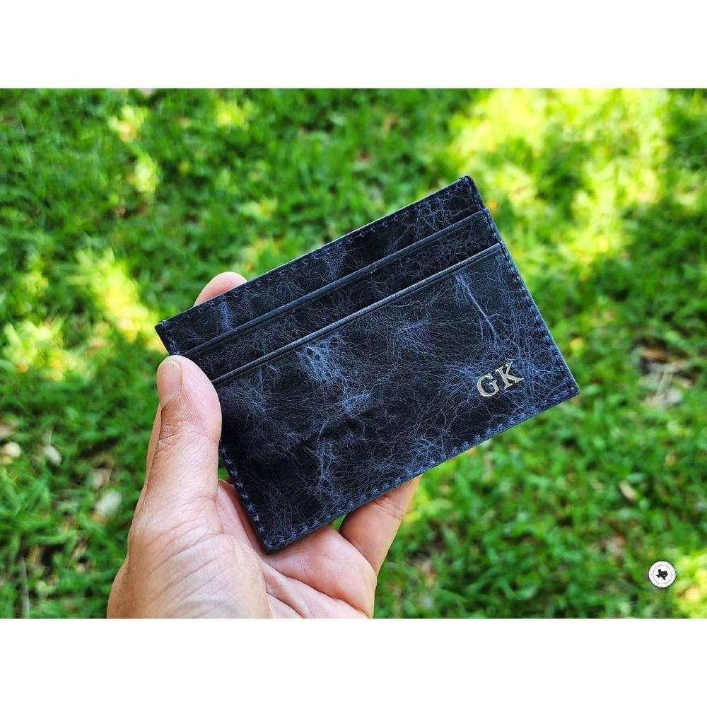 Blue Leather Card Case, Man Slim Wallet, Father's Day Gift, Monogram Wallet